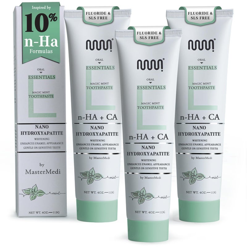 MasterMedi Nano Hydroxyapatite Toothpaste Inspired by 10 nHA Formulas FluorideFree Whitening Sensitive Teeth Care Enamel Support SLS Free Xylitol Magic Mint 4 Oz Pack of 3 - Image 1